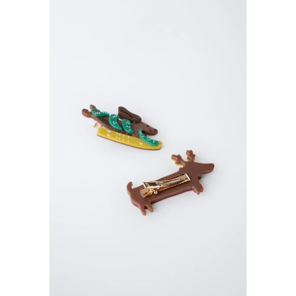 ZARA 2pc Reindeer‎ Dachshund Hair Clips Acrylic Christmas Holiday Puppy Barrette